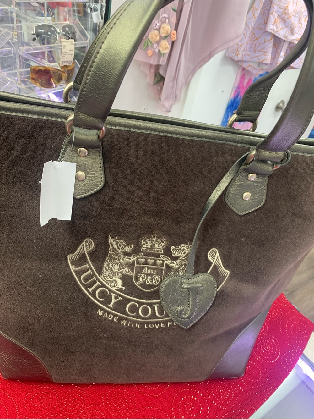 Juicy Couture Brown Suede Tote with Heart Charm with dust bag